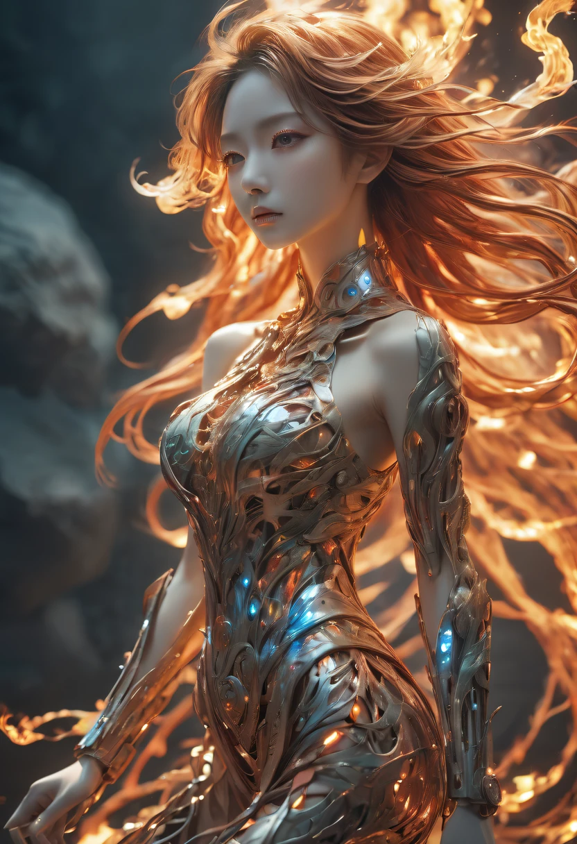 (flame/butterflys/I&#39;m naked，dynamic scene:1.3)，studio photo, Beautiful robot metal woman standing alone, strange fantasy images, Strange glowing rock, The beautiful, Detailed pubic hair, Long, flowing hair, middling, great skin texture