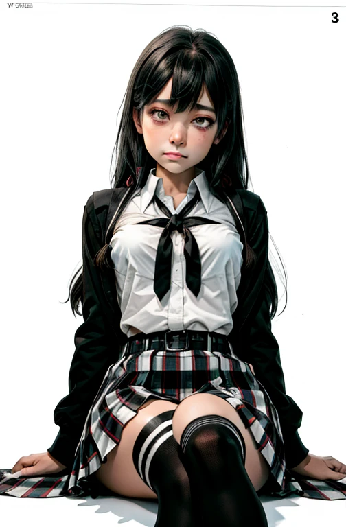 1 girl as yukino yukinoshita, absurdres, highres, solo, school uniform, big breasts, waist long black hair, (twintails:0.5), miniskirt, black thighhigh socks, loose red ribbon, unbuttoned white shirt, (ahegao:1.2), (rolling eyes:1.2), spread legs, orgasming, fainting,