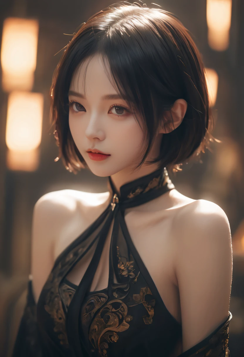 (火焰/butterflys/Loim，dynamic scene:1.3)，(high high quality: 1.3), Cinema lenses, tmasterpiece, (Focus sharp: 1.5), (realistically: 1.3), Medium portrait (A beautiful young vampire woman, pale-skinned, Gothic, Still proud and fierce, Black short bob straight hair, dark look, Wearing a sophisticated dark tunic, Dark atmosphere, But shape it in a way that contrasts light and dark), It's already evening, (highlydetailed skin), (Detailed faces),  detailedbackground, Dim light, dusk lighting, Volumetriclighting, Complicated details, hyper HD,