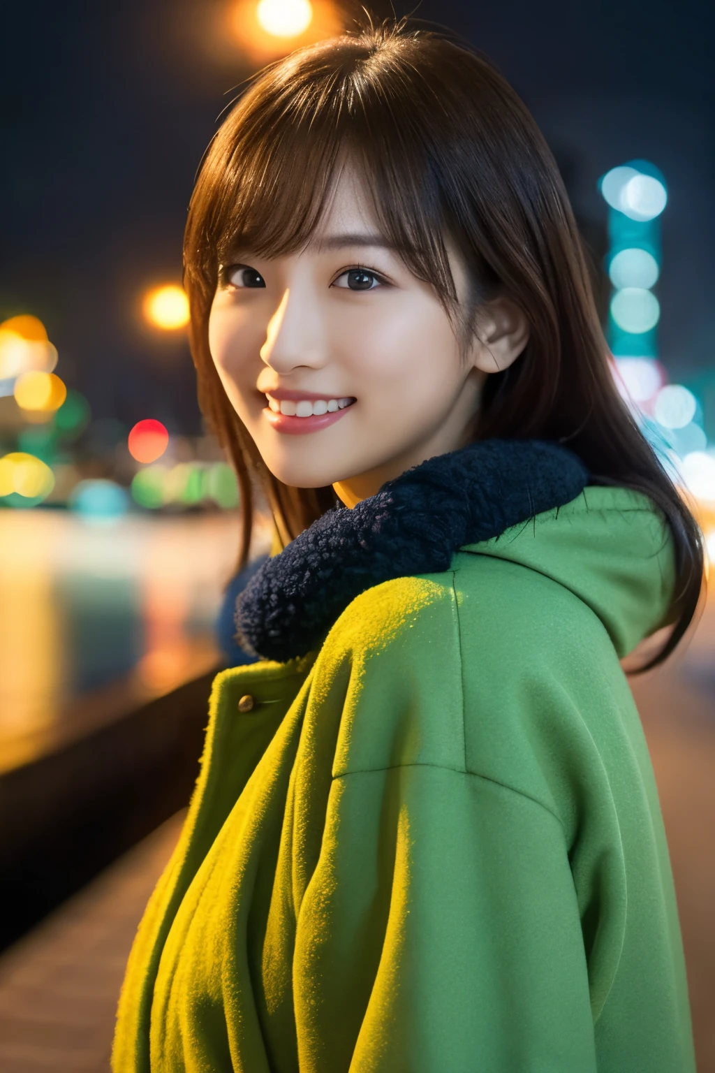 1girl in, (wearing a light green winter coat:1.2), (Raw photo, Best Quality), (Realistic, Photorealsitic:1.4), masutepiece, Extremely delicate and beautiful, Extremely detailed, 2k wallpaper, amazing, finely detail, the Extremely Detailed CG Unity 8K Wallpapers, Ultra-detailed, hight resolution, Soft light, Beautiful detailed girl, extremely detailed eye and face, beautiful detailed nose, Beautiful detailed eyes, Cinematic lighting, Standing on the night horizon of the city, Gorgeous illumination, Waterfront, Diffuse reflection of light, α80mmF1.8, Perfect Anatomy, Slender body, Small, Smiling