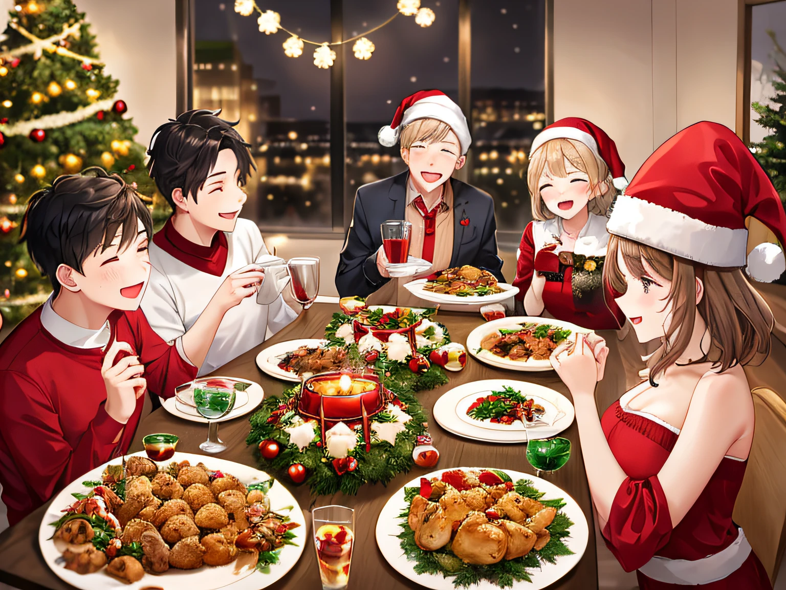 Christmas dinner for a family of five, Including chicken々Cuisine, Lively, Christmas Decorations: 1.3, Christmas cake, Christmas tree, Soft lighting, Volumetric Lights, Film grain, (masutepiece), (Best Quality), (ultra high detailed)