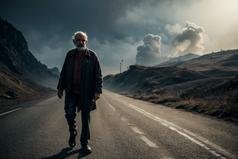 He was an old man with morbid and soft features, cabelos desgrenhados, standing on her feet, caminhando, paisagem ampla, sorrindo, sem dentes , fumando, Dynamic color, tom preto e cinza, imagem super emocional, Set in a frighteningly dark setting and surrounded by dark and turbulent smoke.