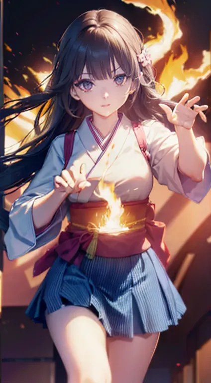 masutepiece、best composition、photorealsitic、((a japanese high school girl with pyrokinesis powers her palms into flames in anger...