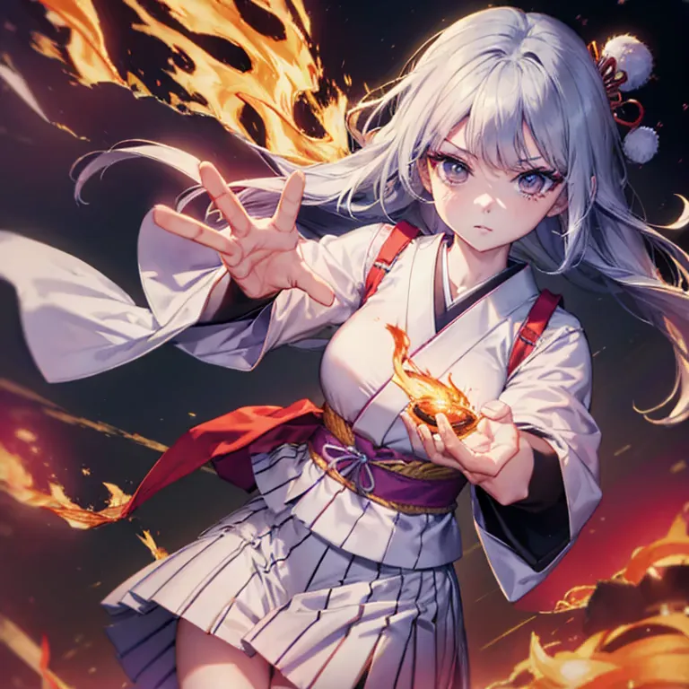 masutepiece、best composition、photorealsitic、((a japanese high school girl with pyrokinesis powers her palms into flames in anger...