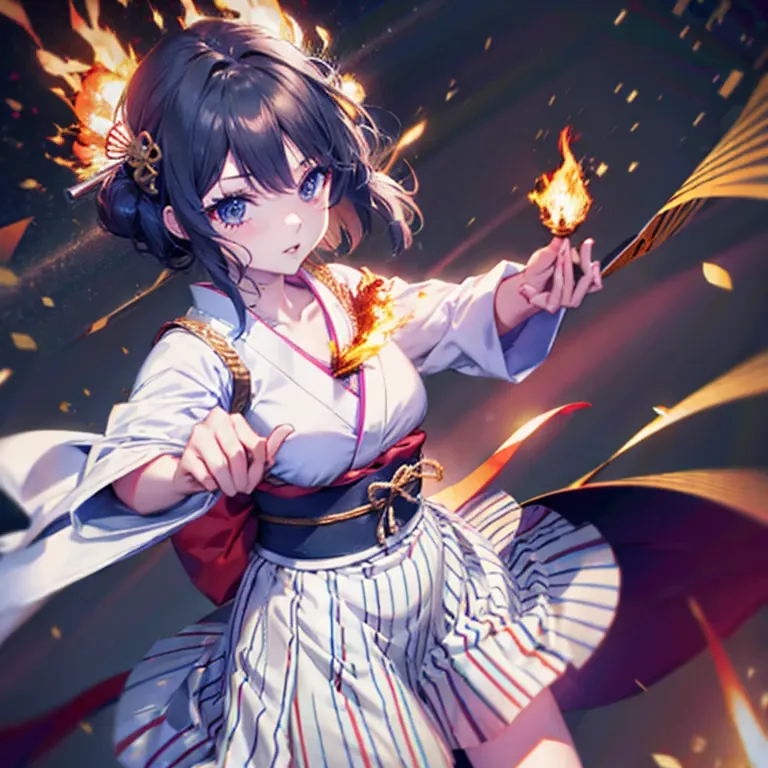 masutepiece、best composition、photorealsitic、((a japanese high school girl with pyrokinesis powers her palms into flames in anger...