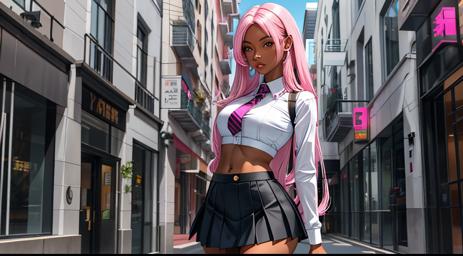 Anime girl in a short skirt and a pink shirt standing in a street - SeaArt  AI