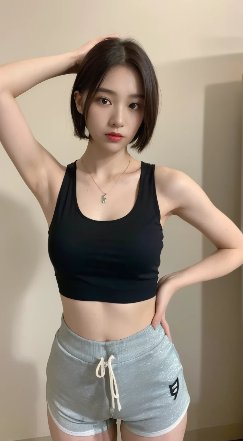 A woman in a black top and grey shorts posing for a picture - SeaArt AI