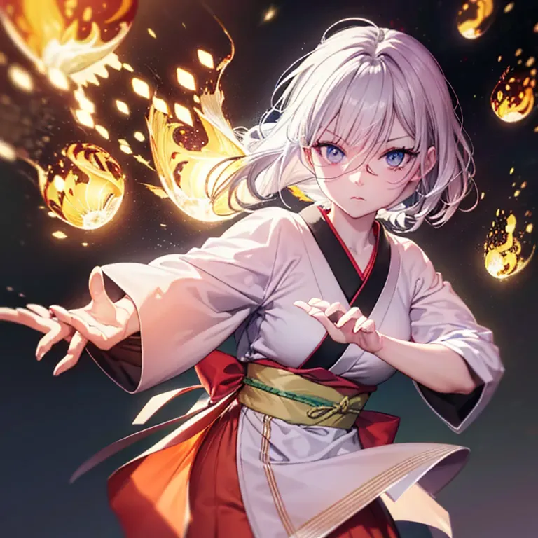 masutepiece、best composition、photorealsitic、((japanese high school girl with pyrokinesis powers creates flames from her palms in...