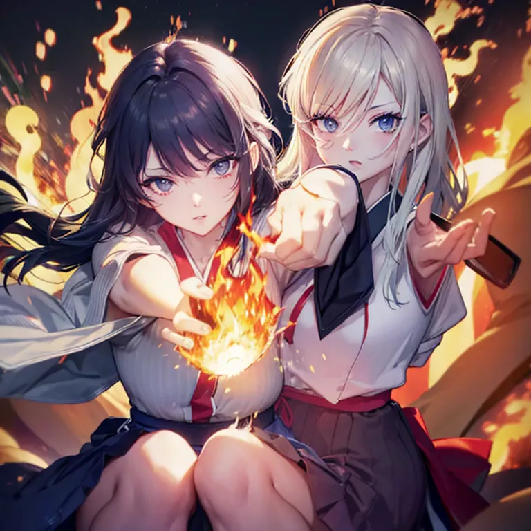 masutepiece、best composition、photorealsitic、((japanese high school girl with pyrokinesis powers creates flames from her palms in...