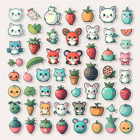 Individual stickers， 1sticker， （Christmas），（toys），  white background， nothing background，  background， dk， adorable， pastel colour， vectorstyle， no gradient， no border, Refinement。Various fruits，All kinds of cute animals