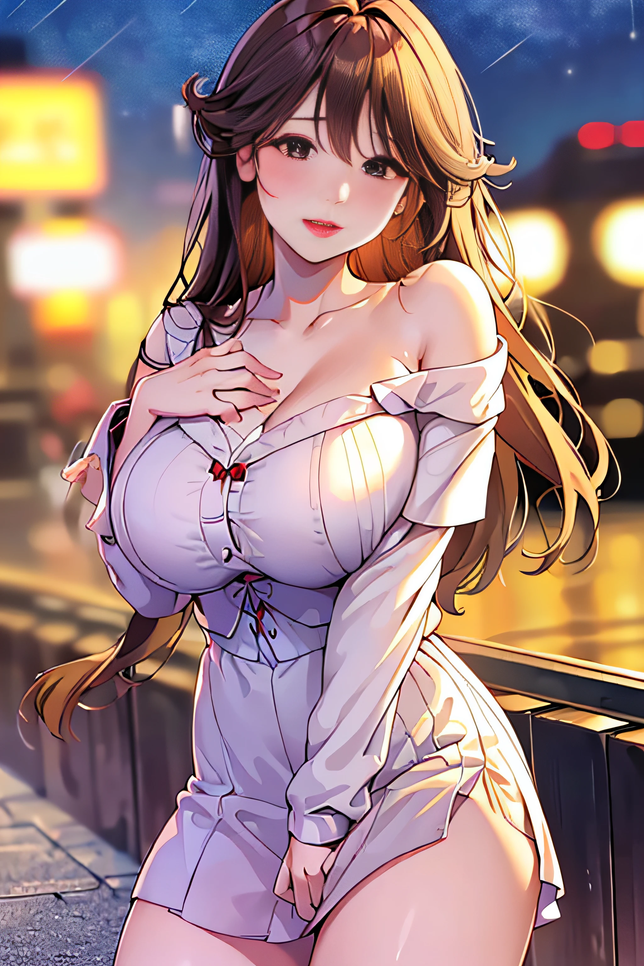 Anime girl avec de gros seins posant dans la rue la nuit - SeaArt AI