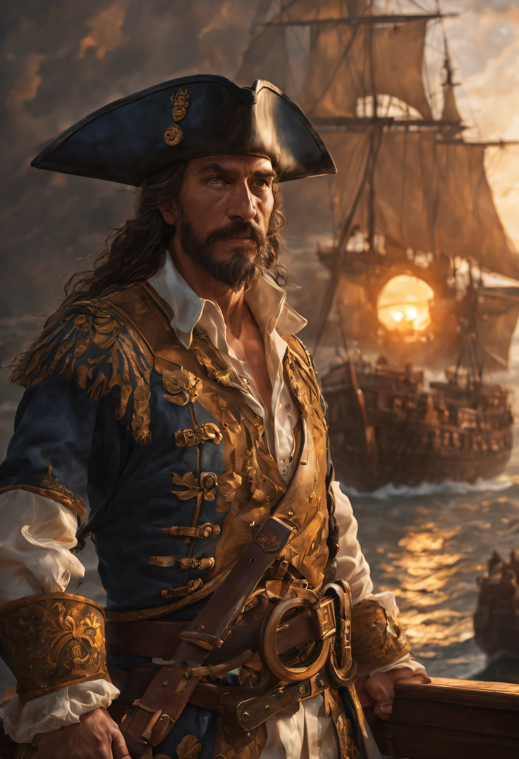 As the sun began to set, the pirate captain stood at the helm of his ...