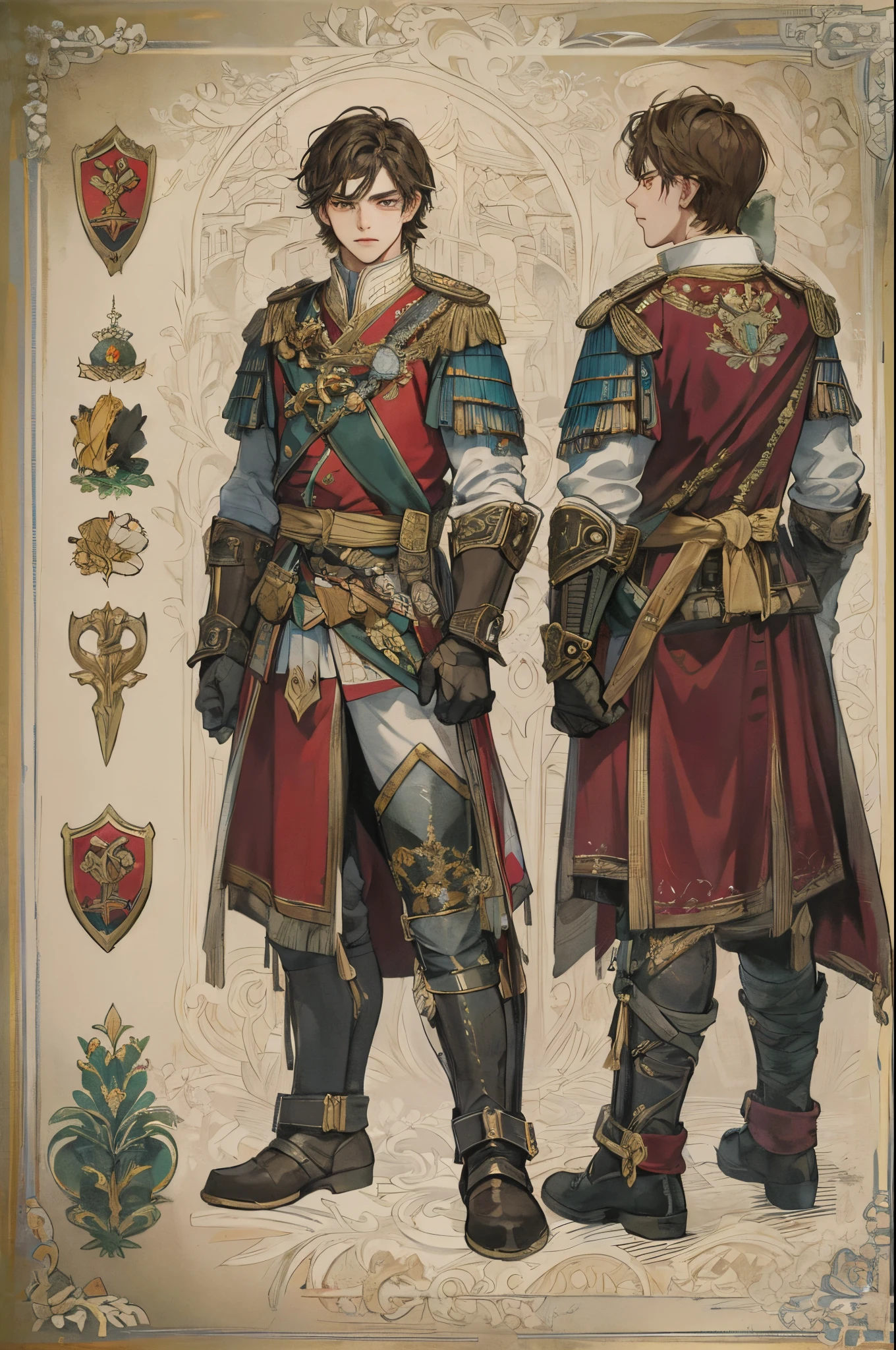 A highly detailed 4K masterpiece character design concept of Lena, a young noble-turned-mercenary during renaissance-era, in his mercenary armor. Lena  a youthful figure with a noble background, reflected in his slightly more refined and well-maintained mercenary attire, which  a blend of practicality and subtle elegance. He has a fit but not overly muscular build, with an air of grace and agility. His hair  neatly styled, His uniform, while built for combat, has elements that hint at his noble heritage, such as fine embroidery or a family crest. He carries a lightweight sword, suited for quick, agile combat. Lena's expression  determined but also shows a hint of the idealism and ambition that drives him. The background of the illustration should subtly suggest his transition from noble life to the life of a mercenary, with elements that hint at both his past and his current journey.