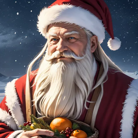 Create an image of a smiling Russian Santa Claus, embodied in national colors and style. Imagine him in traditional Russian clothes, with a snow-white beard and a beautifully decorated hat. Let him hold a basket of tangerines or gifts in his hands .Give him a sweet and kind look, like a symbol of Russian winter holidays. Let the background be a winter landscape with snow and traditional Russian elements. Avoid associations with Santa Claus, emphasizing the uniqueness of the Russian Father Frost