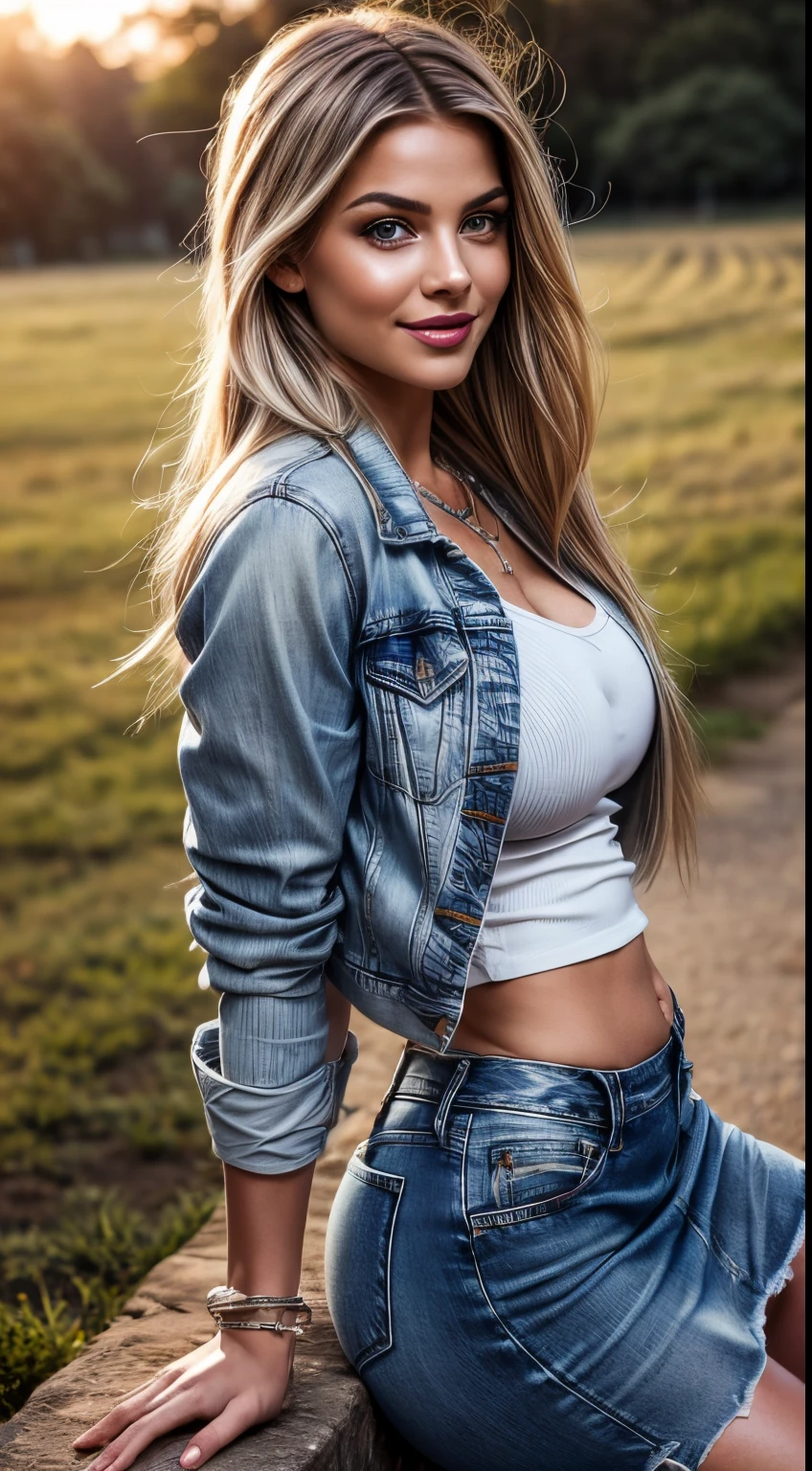 A woman in a denim jacket and skirt posing for a picture - SeaArt AI