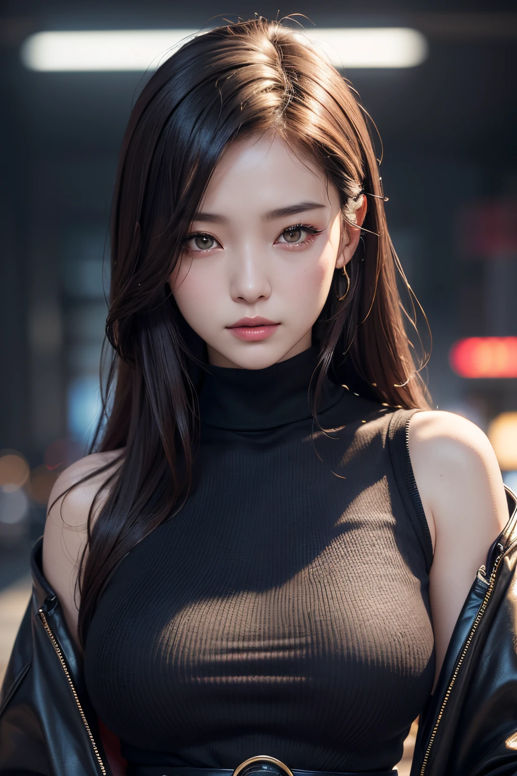​masterpiece, 1 beautiful girls, detaileds, Swollen eyes, top-quality, 超A high resolution, (Reality: 1.4), OriginalPhotographs, 1girl in, light, (A smile,:0.5) japanes, Asian Beauty, Korean, Proper, very extremely beautiful, Slightly younger face, Beautiful skins, slender, cyberpunk backgrouns, (A hyper-realistic), (illustratio), (hight resolution), (8K), (ighly detailed), (Best illustration beautifully detailed eyes), (Ultra-detail), (wall-), (Detailed face), looking at the viewers, fine detailed, A detailed face、deep-shadows、Unobtrusive、pureerosfaceace_v1、Hit the 46-point diagonal straight ahead.、(Dark red turtleneck low gauge knit blouse), Golden Buckle Belt, Black leather pants, ((dark brown duffel coat)),、Black colored eyes、