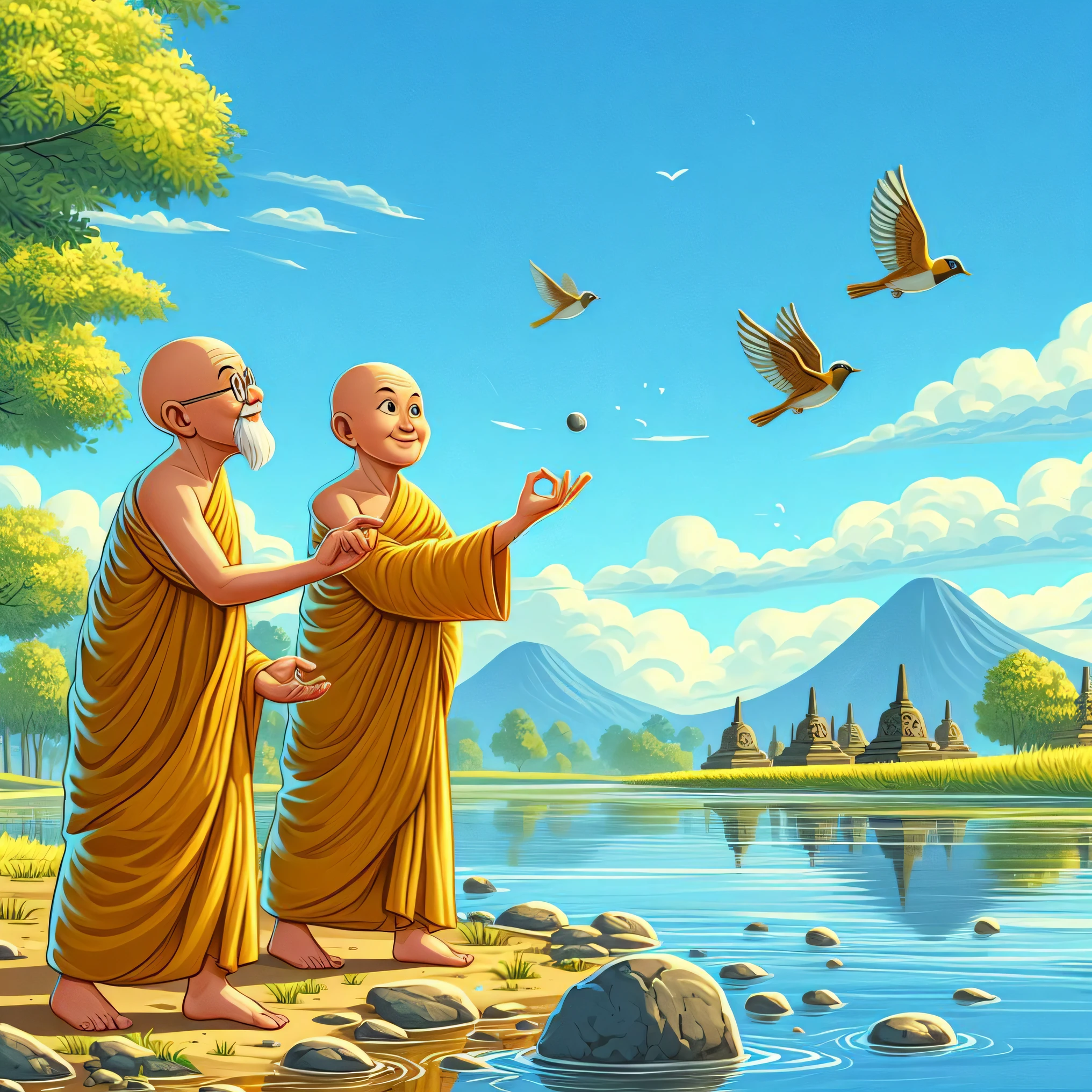 there are two monks standing by the water with birds flying around, monks, buddhism, a beautiful artwork illustration, full color illustration, inspired by Brothers Hildebrandt, love of wisdom, serene illustration, inspired by the Brothers Hildebrandt, monk, by Igor Grabar, by Alexander Kucharsky, 2 1 st century monk, on the path to enlightenment, monk clothes