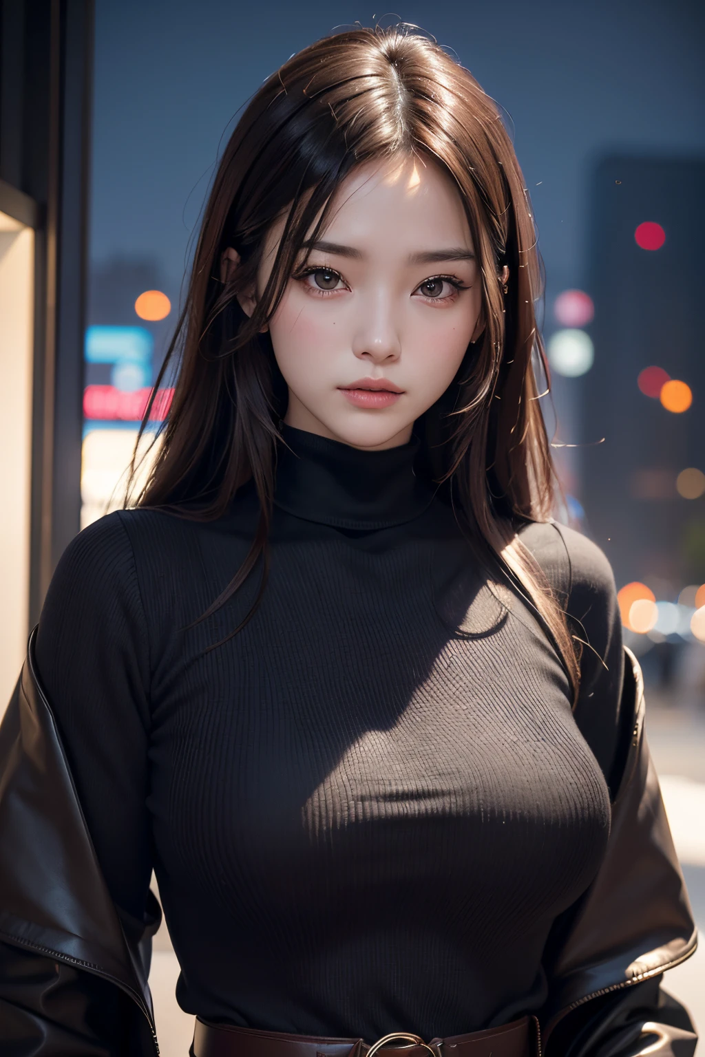 ​masterpiece, 1 beautiful girls, detaileds, Swollen eyes, top-quality, 超A high resolution, (Reality: 1.4), OriginalPhotographs, 1girl in, light, (A smile,:0.5) japanes, Asian Beauty, Korean, Proper, very extremely beautiful, Slightly younger face, Beautiful skins, slender, cyberpunk backgrouns, (A hyper-realistic), (illustratio), (hight resolution), (8K), (ighly detailed), (Beautifully detailed eyes with the best illustrations), (Ultra-detail), (wall-), (Detailed face), looking at the viewers, fine detailed, A detailed face、deep-shadows、Unobtrusive、pureerosfaceace_v1、Hit the 46 points on the diagonal straight.。.、(Dark red turtleneck low gauge knit blouse), Golden Buckle Belt, Black leather pants, ((dark brown duffel coat)),、Black colored eyes、