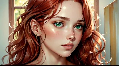 (high quality,portrait,painting),(soft skin,smooth complexion),detailed eyes fine texture,dewy lips,(natural lighting,soft light),subtle blush,sublime expression,wavy hair,neutral backdrop,subtle colors,delicate brushstrokes,beautiful, woman, long messy re...