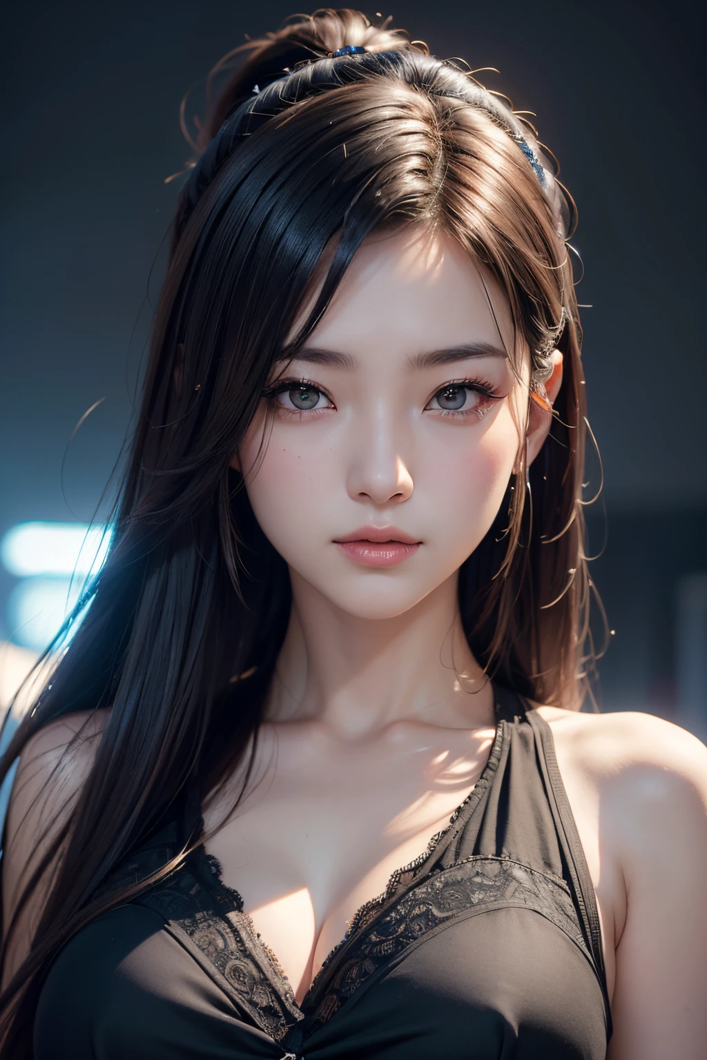 ​masterpiece, 1 beautiful girls, detaileds, Swollen eyes, top-quality, 超A high resolution, (Reality: 1.4), OriginalPhotographs, 1girl in, light, (A smile,:0.5) japanes, Asian Beauty, Korean, Proper, very extremely beautiful, Slightly younger face, Beautiful skins, slender, cyberpunk backgrouns, (A hyper-realistic), (illustratio), (hight resolution), (8K), (ighly detailed), (Beautifully detailed eyes with the best illustrations), (Ultra-detail), (wall-), (Detailed face), looking at the viewers, fine detailed, A detailed face、deep-shadows、Unobtrusive、pureerosfaceace_v1、Score 46 points with a diagonal straight.　garconne look Maid,、Black colored eyes、