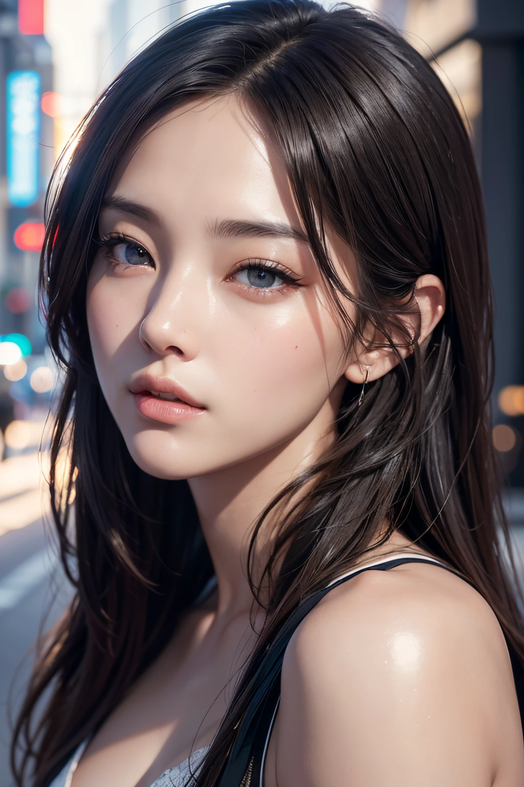 ​masterpiece, 1 beautiful girls, detaileds, Swollen eyes, top-quality, 超A high resolution, (Reality: 1.4), OriginalPhotographs, 1girl in, light, (A smile,:0.5) japanes, Asian Beauty, Korean, Proper, very extremely beautiful, Slightly younger face, Beautiful skins, slender, cyberpunk backgrouns, (A hyper-realistic), (illustratio), (hight resolution), (8K), (ighly detailed), (Beautifully detailed eyes with the best illustrations), (Ultra-detail), (wall-), (Detailed face), looking at the viewers, fine detailed, A detailed face、deep-shadows、Unobtrusive、pureerosfaceace_v1、Score 46 points with a diagonal straight.　garconne look Maid,、Black colored eyes、