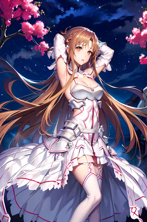 stacia, Asuna Yuuki, asuna, high res, ultrasharp, 8K, masterpiece, 1girl, solo, anime, highly detailed face, highly detailed background, perfect lighting, long hair, full body, looking at viewer, bangs, melancholy expression that stirs affection, brown eye...