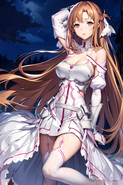 stacia, Asuna Yuuki, asuna, high res, ultrasharp, 8K, masterpiece, 1girl, solo, anime, highly detailed face, highly detailed background, perfect lighting, long hair, full body, looking at viewer, bangs, melancholy expression that stirs affection, brown eye...