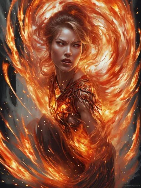 Woman, hyperrealistic, on fire, fire elemental, fire magic, Japanese, amaterasu