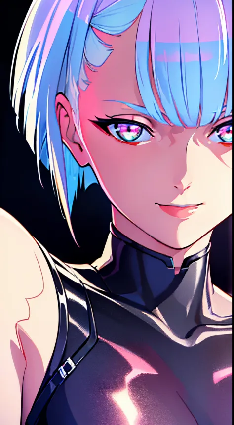 Masterpiece , 4k , great illumination ,Lucyna kushinada , in neon city , in skyscraper, short hair , white hair , beautiful glowing eyes , gorgeous,   smile , high quality , highly detailed bodt , highly detailed expression