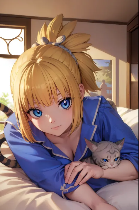 kohaku, kohaku, blonde hair, blue eyes, hair ornament, ponytail, (1girll:1.3), (cat pajamas:1.3)
break looking at viewer, full b...