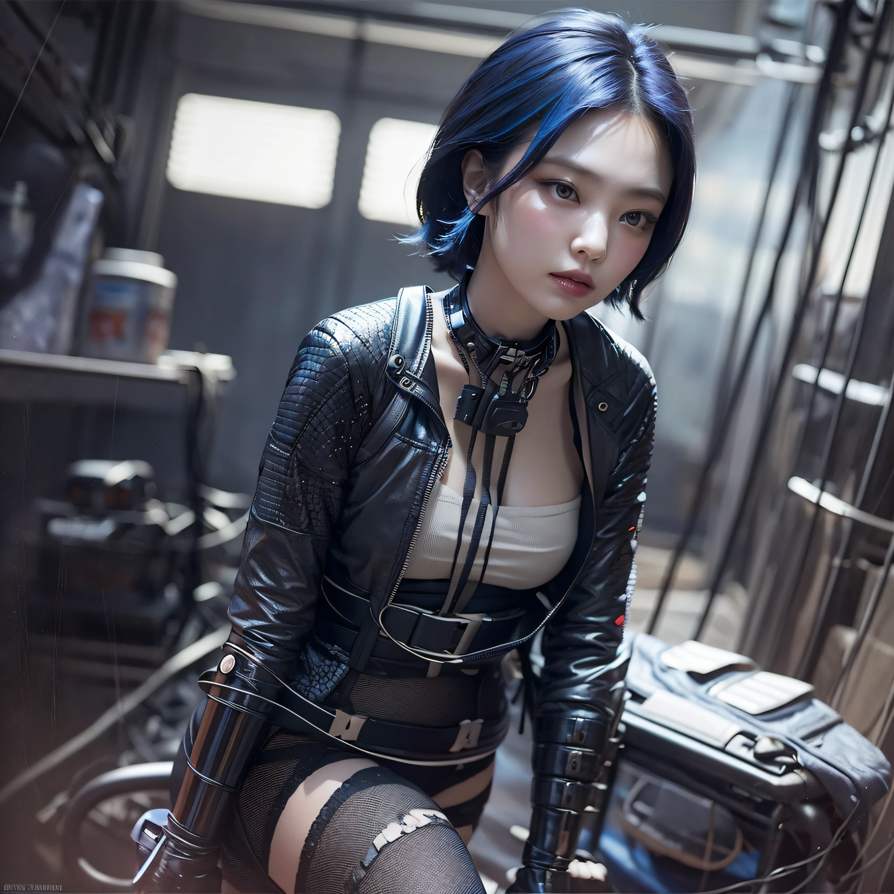 bright eyes,  super detailed, black short hair, blood and wounds, stab wounds on body, dirty clothes, Jennie Kim, 30 yrs old girl, cyberpunk suit, blue hair,