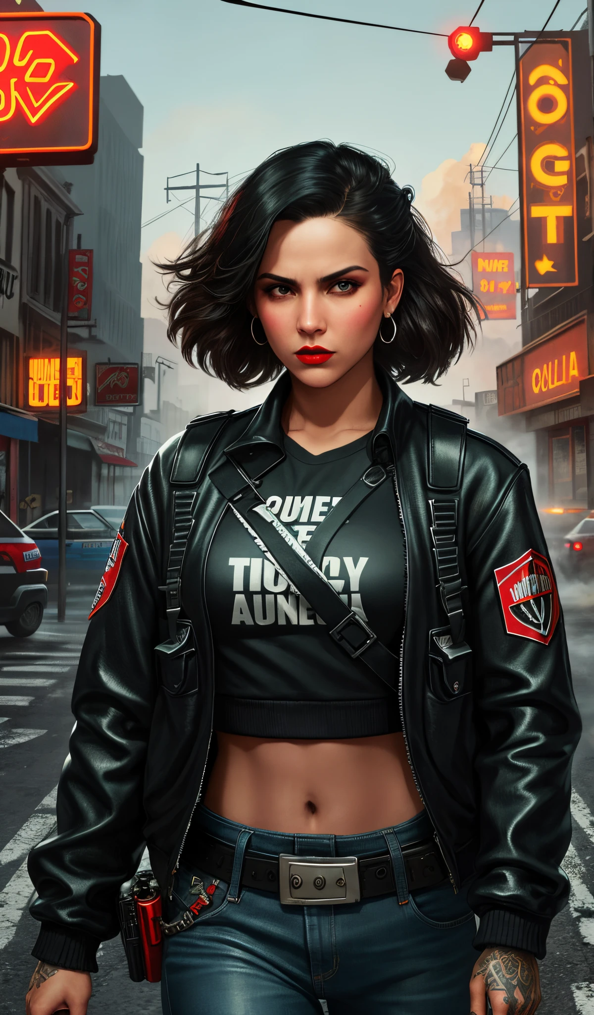 best quality,ultra-detailed,realistic:Catalina Vialpando,game character,3D mode,black hair,blue eyes,bright red lipstick,gangster,shotgun in hand,bulletproof vest,rogue,streetstyle clothes,determined expression,confident walk,Los Santos alleyway,crowded streets,flickering neon lights,graffiti-covered walls,sunset skyline,caught in action,high-speed chase,dusty roads,explosions in the background,intense adrenaline rush,reckless driving,police sirens blaring,flying helicopter,blazing gunfight,intricate tattoo designs,smoke and fog effects,provocative attitude,scowling face,criminal underworld,bold personality.