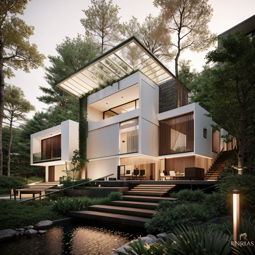 Modern architecture in luxury apartment, modernn architecture，Supported by pillars，look beautiful, Acabamento Brisa, Wooded area with trees behind buildings, hyper realisitc, Complicated details, cinematic lighitnglamplight, 8K