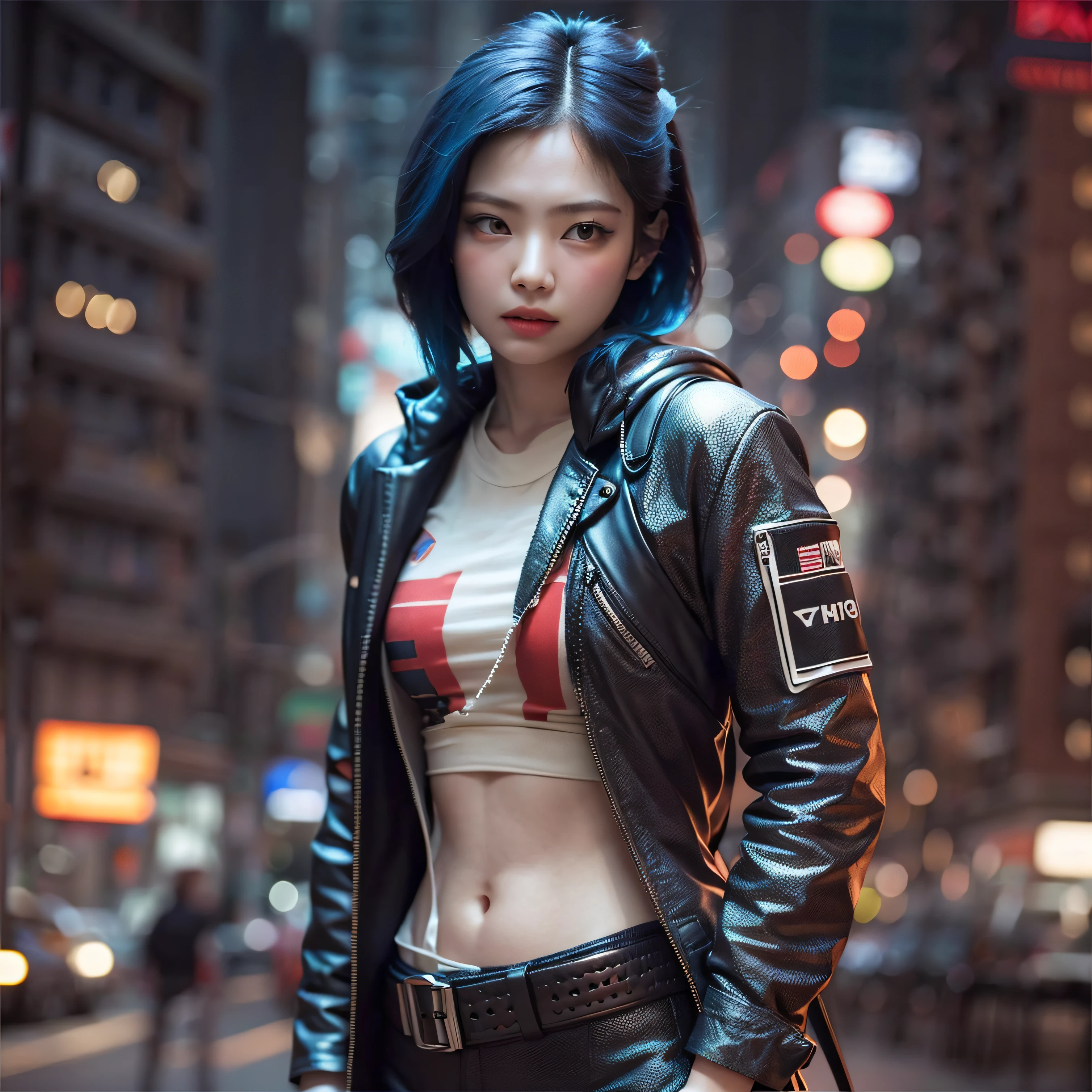 bright eyes,  super detailed, black short hair, blood and wounds, stab wounds on body, dirty clothes, Jennie Kim, 30 yrs old girl, cyberpunk suit, blue hair, side view post,