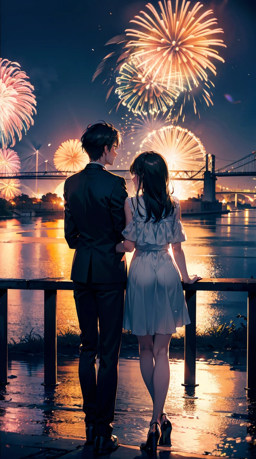 Um casal, um homem e uma mulher, observando fogos de artifício do topo do banco ao longo do rio.