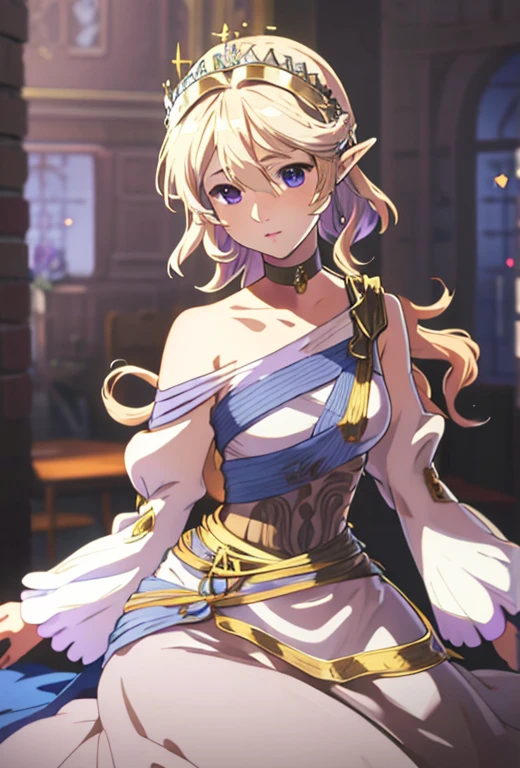 Masterpiece , solo , 1female , young  , princess , short blonde hair with brown ombré hair , short pointy ears , blue eyes , pale skin , princess gown , off the shoulder sleeves , long sleeves , silver crown ,   castle background , soft smile expression , choker around neck , surrounded by lavender flowers