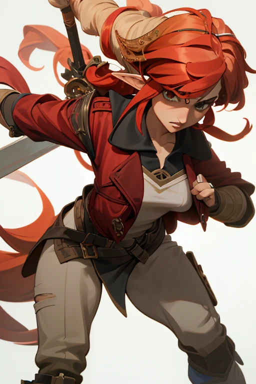 best quality, masterpiece, 4k, 1 young female elf warrior with a very detailed long hair, ((intricate hairstyle:1.3)), half up half down pony tail, (((ginger hair))), pale skin, wearing ripped leather armor ,  red jacket,