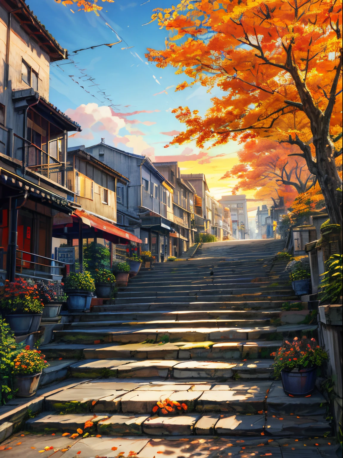 Downtown Market Area, stone stairs, harvest festival atmosphere,Oriental design,Trees,((detaile)), ((Sharp details)),Digital Painting, Sunset,wind,Concept art, Illustration, Convoluted, Happy, Daytime in autumn, Blue sky, flower, Plants ((Tileset))