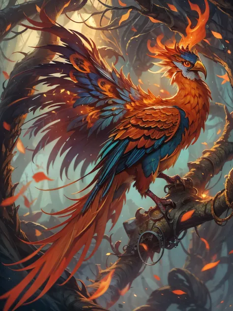 Chinese mythology and storieirebird，spread the wingiery red flames wrap around the body，thick-feathered eater，Super close，Sharp ...