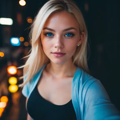 (selfie, top view: 1.4), (straight half of the body: 1.4), RAW UHD portrait photo of a 24-year-old blonde (light blue-eyed woman) walking down a dark alley, large breasts,, city at night, (white crew neck t-shirt skirt), (neckline), details (textures! , ha...
