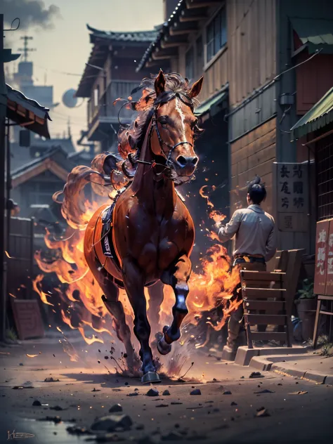 a running horse on fire,(redfire:1.3), good hand,4k, high-res, tmasterpiece, best quality, head:1.3,((Hasselblad photography)), ...