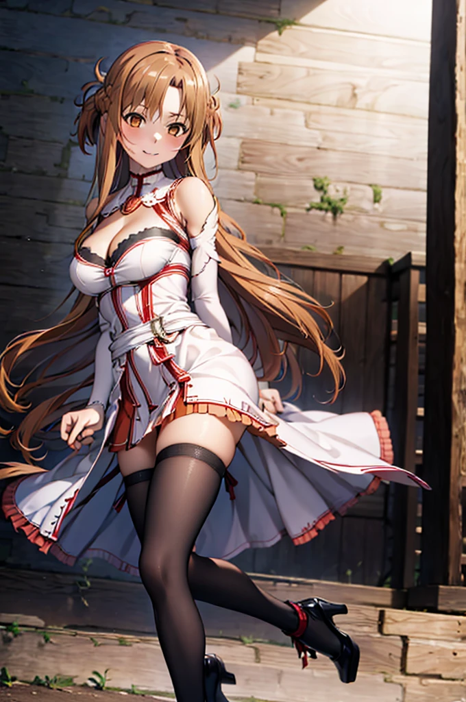 anime, highly detailed face, highly detailed eyes, highly detailed background, perfect lighting, full body, cleavage, 1girl, solo, Asuna Yuuki, asuna, formal, indoors, smile, black short dress, black heels, cleavage, tiara, jewelry, hair bun, frilled skirt, see-through, black thighhighs, long light brown hair, absurdres, high res, ultrasharp, 8K, masterpiece, looking at viewer