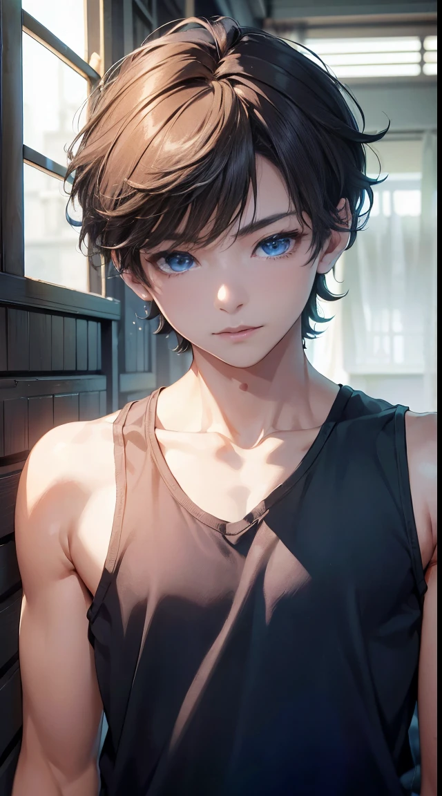 (absurderes、A high resolution、ultra - detailed)、tmasterpiece、top-quality、7 years old，younge boy、solo、A handsome、short detailed hair、brunette color hair、eBlue eyeinely eye and detailed face、Tank top、Real shadows、joy、Connect the ears、The upper part of the body