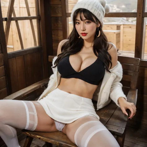 (masutepiece:1.1, Best Quality:1.1, 16K HDR, High resolution), (1girl in, Solo), (sexy and beautiful korean women), (Black hair, Long hair, White knit hat, earrings), (Down jacket, puffer jacket, Mini skirt, leggings, pantyhose, Stockings, sexy white panti...