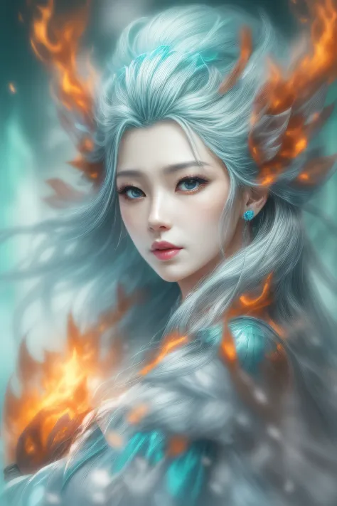 (realistic fantasy) 、The goddess of ice springs from the blazing flames.、