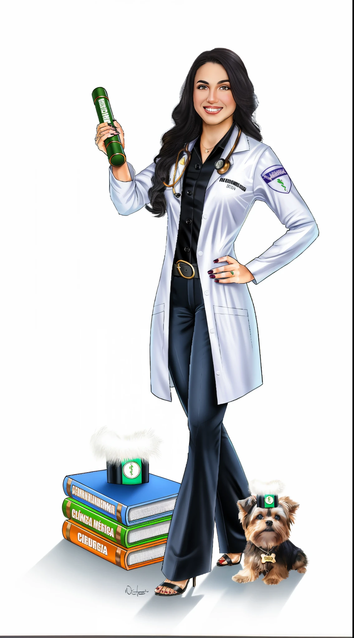 A cartoon of a woman in a lab coat holding a bottle of beer - SeaArt AI