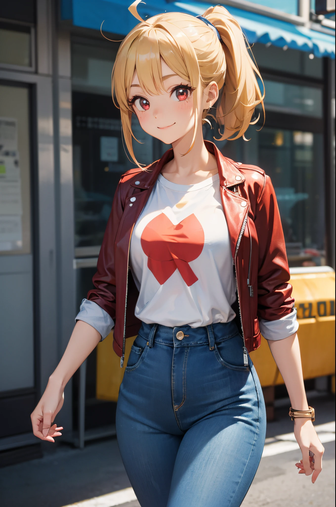 17 years old girl、Blonde ponytail、Ahoge、big round red eyes、White T-shirt、red leather rider jacket、Blue jeans pants、A slight smil