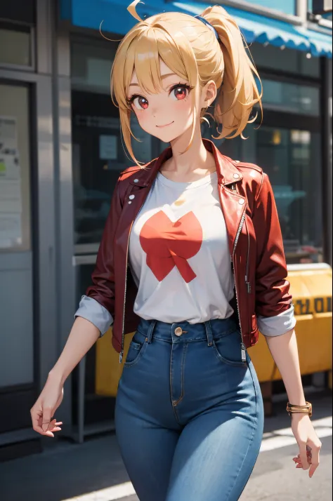 17 years old girl、Blonde ponytail、Ahoge、big round red eyes、White T-shirt、red leather rider jacket、Blue jeans pants、A slight smil