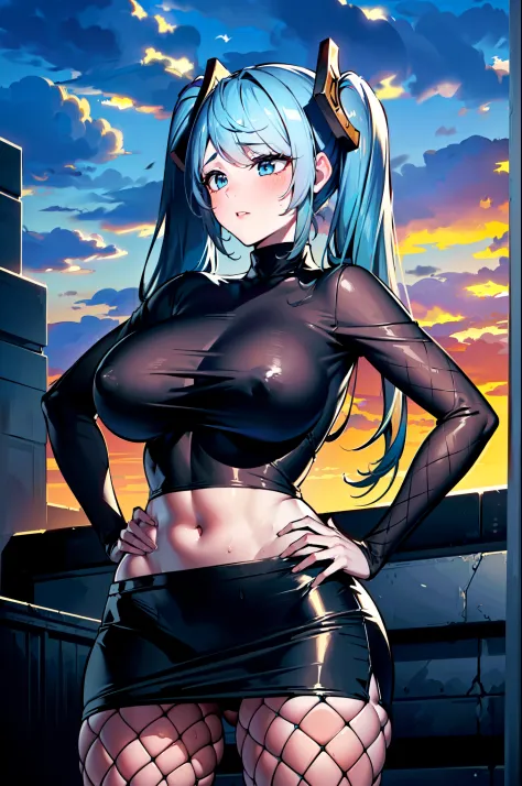 masterpiece, best quality, extremely detailed, 1girl, solo, Sona \(league of legends\), (large breasts:1.6), (((blue hair, gradient hair, long hair, twintails, blue eyes))), parted lips, (((fishnets, fishnet bodysuit, black turtleneck sweater, long sleeves...