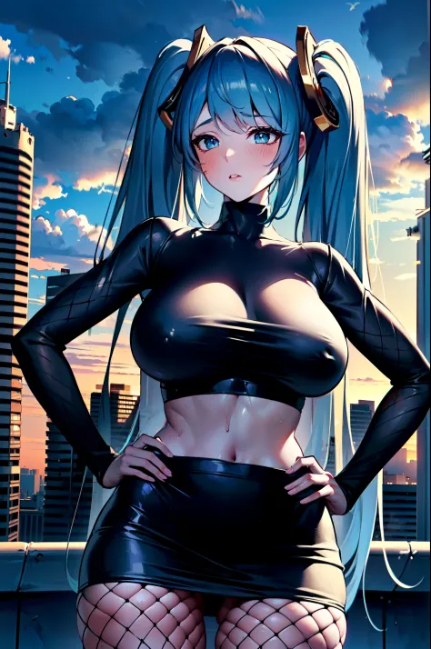 masterpiece, best quality, extremely detailed, 1girl, solo, Sona \(league of legends\), (large breasts:1.6), (((blue hair, gradient hair, long hair, twintails, blue eyes))), parted lips, (((fishnets, fishnet bodysuit, black turtleneck sweater, long sleeves...
